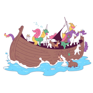 A majestic mythical ark is floating on serene waters, its wooden structure adorned with intricate carvings. On one side of the ark, several vibrant dragons with shimmering scales in various colors are preparing to board, their wings partially spread. Nearby, a group of elegant unicorns with spiraling horns and flowing manes is gracefully stepping onto the ark, each one leaving a trail of sparkling dust behind. Alongside these mythical creatures, a variety of regular animals, including a brown bear, a playful fox, and a curious rabbit, are also boarding. The scene is filled with a sense of adventure as all the animals come together for a journey.