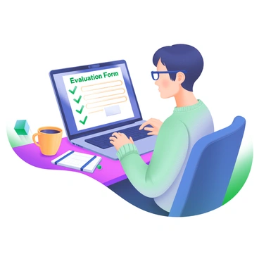 A modern pastel illustration depicting a student sitting at a desk, focused on filling out an evaluation form on a laptop. The laptop screen displays the evaluation form with checkboxes and text fields visible. The student is a young adult with glasses, wearing a cozy sweater. Surrounding the student are stationery items, such as a notebook, a pen, and a cup of coffee. Soft, warm lighting enhances the scene, creating a comfortable study environment.