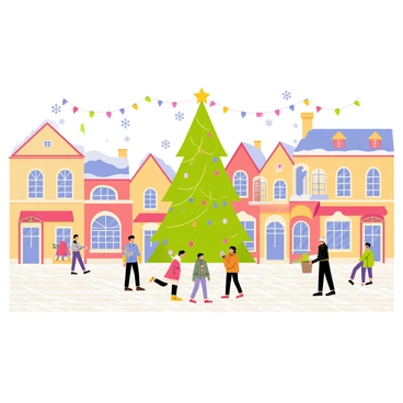 A charming village square filled with snow-covered cobblestones. The square is illuminated by colorful Christmas lights strung across the buildings, creating a festive atmosphere. In the center, a large evergreen Christmas tree is adorned with sparkling ornaments and a bright star on top. Surrounding the square are quaint, cozy shops with frosted windows, and people bundled in winter clothing enjoy the holiday spirit. Snowflakes gently fall from the sky, adding to the winter wonderland scene.