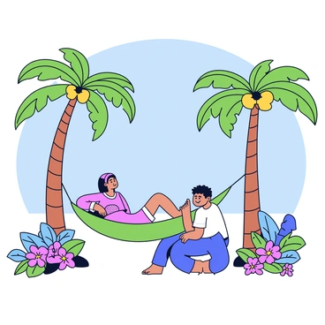 A person lying on a hammock strung between two tall palm trees. The hammock is a vibrant green color and slightly sways in the gentle breeze. The person is barefoot, enjoying a luxurious foot massage, with a massage therapist kneeling beside them. The therapist is focused on the person's feet, using a soothing technique. Surrounding the hammock, there are lush tropical plants and bright flowers, adding to the relaxing atmosphere. The sky is clear blue, and soft sunlight filters through the palm leaves, creating playful shadows on the ground.