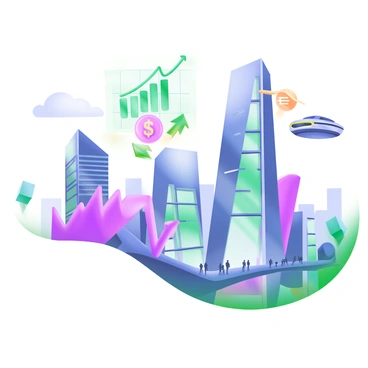 A modern pastel illustration of a futuristic cityscape with sleek skyscrapers and vibrant colors. In the sky, there are floating holographic financial symbols, including a dollar sign, a graph with an upward trend, and a euro symbol. The buildings have large glass windows reflecting the colorful lights of the city. The atmosphere is lively, with flying vehicles and people walking below, creating a sense of activity and progress.
