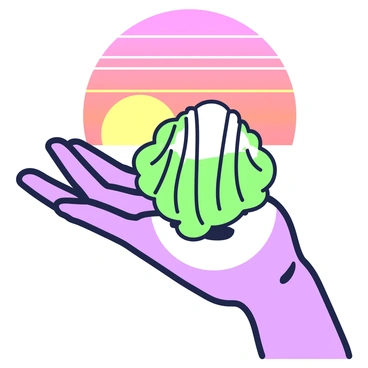 A close-up of a hand is holding a delicate scallop shell. The hand is positioned with fingers gently cradling the shell, showcasing its intricate ridges and curves. In the background, a vibrant sunset fills the sky with gradients of color. The sun is partially visible, casting warm light across the scene. The scallop shell's texture contrasts with the smoothness of the skin, emphasizing its delicate nature against the backdrop of the glowing horizon.