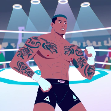 A muscular MMA fighter with a strong build is seen in a dynamic fighting stance. His skin is tanned, glistening with sweat under the bright lights of the fighting ring. The fighter's arms are covered in intricate tattoos, each design telling a story, featuring tribal patterns, animal motifs, and abstract shapes. The tattoos are vividly colored, with shades of black, blue, and red. His intense expression shows focus and determination, while his short, dark hair is slicked back. He is wearing a pair of black shorts with a logo on the side, and his hands are wrapped in white tape, preparing for the upcoming match. The background features the octagonal ring with spectators blurred in the distance, emphasizing the fighter's formidable presence.