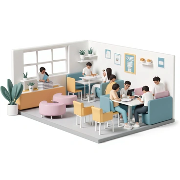 A university cafeteria filled with students. Several students are sitting at tables, some studying with open laptops and textbooks, while others engage in conversation. The lounge area features comfortable sofas and chairs arranged in clusters. A large window lets in natural light, illuminating the space. A coffee station with steaming mugs and pastries sits in one corner, and potted plants add a touch of greenery throughout the room. The walls are adorned with posters and artwork, creating an inviting atmosphere.