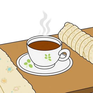 A steaming cup of tea made of white porcelain sits on a wooden table, showcasing delicate floral patterns. The cup has a small handle and is filled with a rich brown liquid, with wisps of steam rising from the surface. Next to the cup, there is a cozy blanket, knitted with thick yarn in shades of cream and pastel colors, draped over the edge of the table. The setting evokes a feeling of warmth, with soft textures and inviting details surrounding the tea.