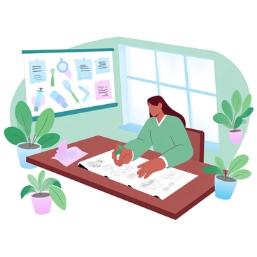 A designer is sitting at a large wooden table in a green studio filled with plants. The designer is focused on sketching eco-friendly products on a large sheet of recycled paper. Various sketches of products such as reusable bags, bamboo utensils, and solar-powered devices are scattered across the table. Behind the designer, a bulletin board displays colored notes containing consumer feedback and ideas. Natural light floods the space through large windows, highlighting the vibrant greenery from potted plants around the room.