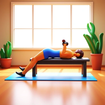 A person performing a bench press with focused determination. The individual is wearing a fitted workout shirt and shorts, showcasing defined muscles. The bench is positioned on a polished wooden floor, surrounded by soft mats. Ambient light filters through large windows, casting gentle shadows. A few indoor plants add a touch of greenery to the space. The walls are painted in calming neutral tones.