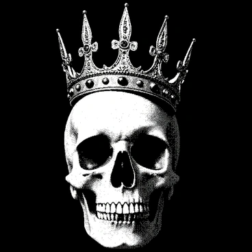 A "regal skull" is centered in the image, featuring intricate details that highlight its texture. The "skull" has pronounced cheekbones and deep eye sockets, giving it a commanding presence. Atop the "skull" sits a "detailed golden crown," embellished with ornate patterns and small gemstones that reflect light. The crown's design includes tall peaks and elegant flourishes, showcasing its royal status. The background is dark, creating a stark contrast that emphasizes the "skull" and crown, enhancing their visual impact.