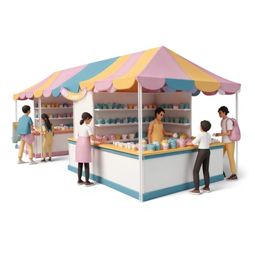 A craft fair booth with a colorful canopy, displaying an array of handmade soaps and lotions. The booth is decorated with vibrant banners that read "Free Samples" in bold letters. Various shaped soaps, such as hearts and flowers, are neatly arranged on wooden shelves, while glass jars filled with lotions are showcased on the table. A friendly vendor, wearing a bright apron, is handing a small sample to an excited visitor. The booth is surrounded by other similar stalls, and a few people are browsing nearby, enjoying the lively atmosphere of the craft fair.