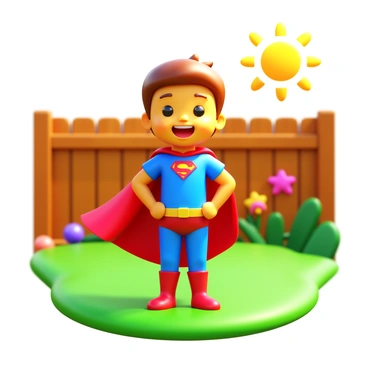 A child wearing a cape and pretending to be a superhero in a sunny backyard