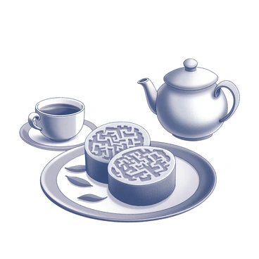 A traditional Chinese mooncake placed on a decorative plate. The mooncake features intricate designs on its surface, showcasing detailed patterns and symbols typical of traditional craftsmanship. The round shape is slightly domed, and the texture appears smooth and glossy. Beside the mooncake, there are delicate tea leaves scattered on the plate, complementing the overall presentation. The setting includes a simple, elegant teacup and teapot in the background, suggesting a calm tea ceremony ambiance.