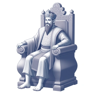 An ancient emperor is seated on an ornate throne made of intricately carved wood. The throne is elevated, showcasing its grandeur with decorative elements such as flowing drapery around it. The emperor is adorned in elaborate traditional garments, embellished with intricate patterns and details representing his status. On his head rests a traditional crown, featuring ornate designs that reflect the craftsmanship of the era. He has a dignified expression, exuding authority and power, with his hands resting confidently on the arms of the throne. The background is simple, emphasizing the figure of the emperor in this majestic setting.
