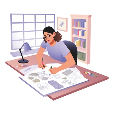 An illustrator is seated at a wooden table, intently sketching concept designs on a large drawing pad. The illustrator is a woman with medium skin and curly brown hair tied back. She is wearing a light blue shirt and has a pencil in her right hand, focused on the designs. The drawing pad is filled with various sketches of characters, landscapes, and objects. A few colored markers are scattered on the table next to her. The background features a shelf filled with art books, and a window allows natural light to illuminate the scene.
