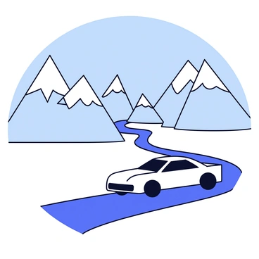 A car silhouette is positioned on a winding road that traverses through snow-covered mountains. The car has a sleek shape, with smooth lines defining its form. Flanking the road are tall, jagged mountain peaks dusted with white snow, contrasting against the clear blue sky. In the foreground, the winding road curves gently, showing the path the car is taking. Snow blankets the ground and clings to the sides of the mountains, emphasizing the winter landscape.