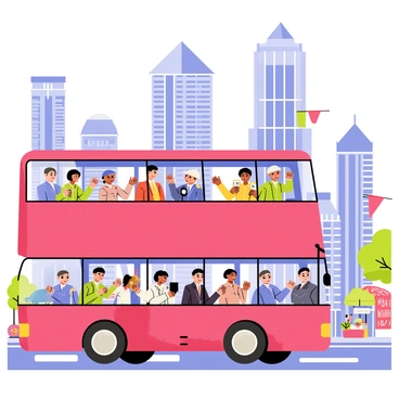 A bright red double-decker bus filled with tourists taking photos is driving through a lively city. The bus has large windows where tourists can be seen with cameras raised, capturing the view. In the background, tall skyscrapers with glass facades reflect the sunlight, showcasing a modern urban skyline. The streets below are full of activity, with pedestrians walking, cars moving, and street vendors selling goods. Colorful banners hang from buildings, adding vibrancy to the scene. The sky is a clear blue, indicating a sunny day.