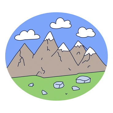 A series of peaks forming a mountain range with jagged edges and varying heights. The mountains exhibit rocky textures and are colored in shades of gray and brown. Below the mountains, there are clear signs of tectonic activity, such as visible layers of sediment and a few cracks in the earth's surface. In the foreground, there are patches of green grass and a few scattered boulders. The sky above is a bright blue with a few white clouds.