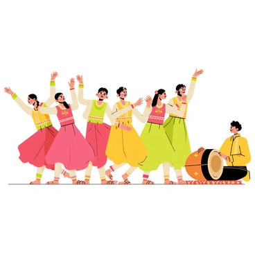 A group of traditional dancers is performing energetically, with vibrant costumes in bright colors like red, yellow, and green. Each dancer has intricate jewelry and accessories that catch the light as they move. The dancers are in a dynamic formation, with some executing spins while others are clapping in rhythm. In the background, a large dholak drum is being played by a musician, who is sitting on a colorful rug adorned with patterns. The atmosphere is lively, filled with movement and the sense of celebration.