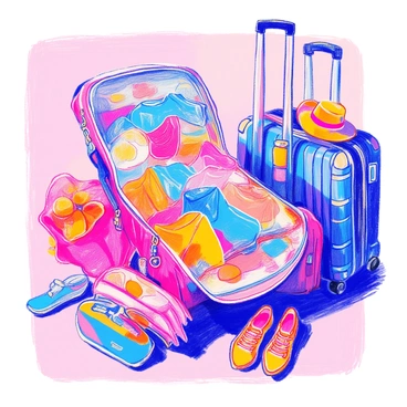 A stylish travel bag is open, revealing a colorful assortment of clothes spilling out. The bag features a sleek design with intricate stitching and sturdy handles. Surrounding the bag, a luggage rack holds other travel essentials, including a hat, a pair of shoes, and a travel pillow. The clothes consist of shirts, shorts, and a dress, all in vibrant colors and patterns. The scene conveys a sense of adventure and preparation for a trip.