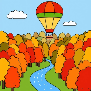 A colorful hot air balloon with a patchwork design of red, orange, yellow, and green is soaring high above a dense forest. The forest below is filled with trees displaying vibrant autumn colors, with leaves in shades of deep red, bright orange, and golden yellow. The sky is a clear blue with a few fluffy white clouds scattered. Beneath the balloon, a winding path meanders through the trees, and a small sparkling river reflects the colorful foliage. The scene captures the beauty of fall in full bloom.