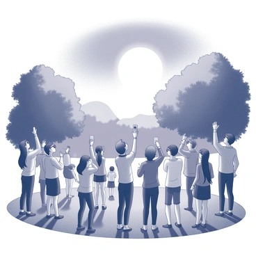 A park filled with excited people gazing upward. Groups of individuals, both adults and children, are gathered on a grassy area. Some are using solar viewing glasses, while others have their arms raised in anticipation. A few individuals are taking pictures with their cameras or smartphones. The sky is partially darkened, with a silhouette of the moon obscuring the sun, creating a striking contrast against the remaining brightness. Trees can be seen framing the scene, and the expressions on people's faces show awe and wonder as they experience this celestial event.