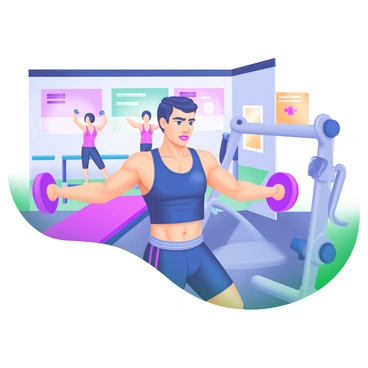 A gym interior featuring a person with a focused expression using dumbbells to perform scapular retraction exercises. The individual has a well-defined physique, wearing a fitted workout tank top and athletic shorts. They are in a stable stance, with their arms extended outward and elbows bent, demonstrating proper form. Surrounding them are various pieces of gym equipment, such as benches and weight racks. The walls are adorned with motivational fitness posters, and there are other gym-goers in the background engaged in different exercises.