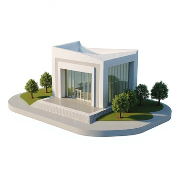 A sleek and modern senate building featuring large glass facades that reflect sunlight. The structure has an angular design with smooth lines, giving it a contemporary appearance. Open spaces surround the building, including landscaped areas with trees and greenery. The entrance is marked by wide steps leading to large glass doors. Sunlight streams through the transparent walls, illuminating the interior spaces. The overall color scheme is neutral, with shades of gray, white, and hints of greenery from the surrounding landscape.