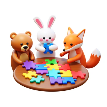 Plush toys of various shapes and sizes, including a bear, a bunny, and a fox, are gathered around a colorful jigsaw puzzle spread out on a wooden table. Each plush toy has distinct features; the bear is light brown with a friendly smile, the bunny is white with long ears, and the fox is orange with bushy tail. The puzzle pieces are vibrant, showcasing many colors and patterns. The plush toys are positioned as if they are collaborating; the bear is holding a blue piece, the bunny is reaching for a yellow piece, and the fox is inspecting a red piece, all engaged in the task of completing the puzzle. The background is softly blurred to emphasize the scene in the foreground.