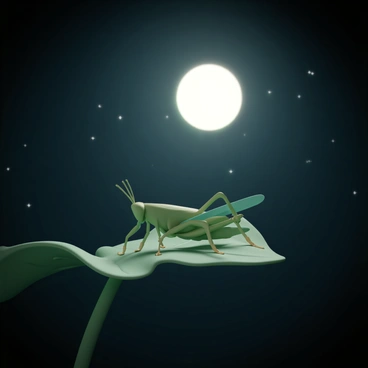 A green grasshopper, featuring delicate wings and intricate leg structures, is resting on a vibrant green leaf with visible veins and a slightly curled edge. The scene is illuminated by the soft glow of a full moon, casting a gentle light that highlights the grasshopper's body and the texture of the leaf. The background is filled with dark, velvety shadows, enhancing the serene atmosphere of the nighttime setting. The moon is round and bright, adding a subtle sparkle to the scene.