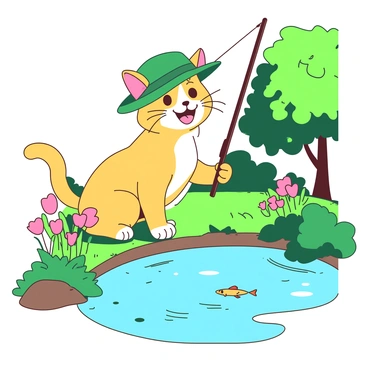 A yellow cat with a big smile is wearing a green fisherman's hat. The cat is standing on the edge of a pond, holding a small fishing rod in its paw. The pond is surrounded by lush green grass and a few colorful flowers. In the background, there are trees with vibrant green leaves reflecting in the water. The cat's tail is swaying playfully as it focuses on the pond, ready for a fishing adventure.