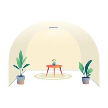 A room with four walls painted in soft shades of beige has a ceiling that gently curves upward toward the center. Each corner of the room features a tall, slender potted plant with broad green leaves, emphasizing the space's dimensions. The floor is covered with a light-colored rug that radiates concentric circles, drawing the eye to the center. In the middle of the room, there is a round wooden table with a small vase of fresh flowers placed atop it. Soft lighting fixtures are installed in each corner, casting a warm, inviting glow throughout the room.