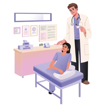 A doctor is standing beside a patient in a medical examination room. The doctor is wearing a white lab coat and has short brown hair. In their right hand, they are holding a digital thermometer, which is positioned near the patient's forehead. The patient is sitting on an examination table, looking calm. The patient has short black hair and is wearing a blue hospital gown. Behind them, there are medical charts on the wall and a small window allowing natural light to enter the room. A stethoscope hangs around the doctor’s neck, and a medical device is visible on a nearby counter.