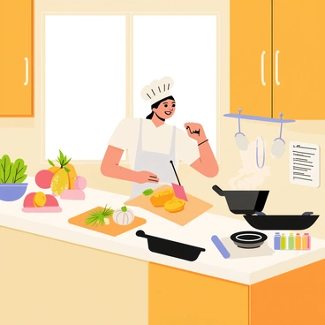 A cozy kitchen with warm wooden cabinets and a large window letting in soft natural light. In the center, a chef with a white apron is chopping sweet potatoes on a wooden cutting board. Around the chef, there are various ingredients scattered: a bowl of fresh herbs, a cutting board with chopped onions, a small pot on the stove with steam rising, and a colorful array of spices in glass jars. A frying pan sits on the counter, ready for cooking. The walls are decorated with hanging pots and a chalkboard with handwritten recipes.