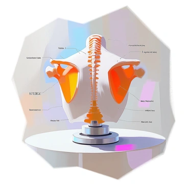 A detailed anatomical model of a scapula positioned on a rotating platform. The scapula is accurately rendered, showcasing its distinct features like the glenoid cavity, acromion process, and spine of the scapula. Each part of the scapula is clearly labeled with precise text for viewers, highlighting key anatomical terms. The rotating platform allows for a full view of the model from all angles, enhancing the educational experience. The background is neutral to emphasize the model.