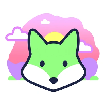 A silhouette of a fox face is centered in the image. The features of the fox, including the ears, eyes, and muzzle, are distinctly outlined. The background is filled with a sunset scene, showcasing a gradient of colors with vibrant hues transitioning across the sky. The setting sun is partially visible, casting light that creates a dramatic contrast with the fox silhouette. Fluffy clouds are scattered across the horizon, their shapes outlined against the colorful sky, enhancing the composition.