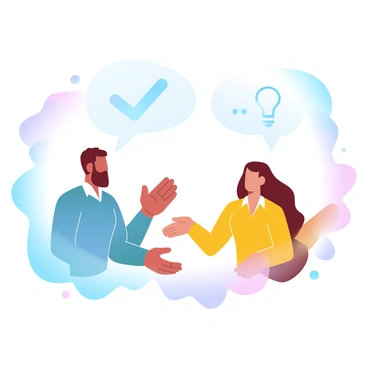 A man and a woman are engaged in a conversation, both showing positive body language. The man is wearing a fitted blue shirt and has his hands open as he expresses himself. The woman is dressed in a bright yellow blouse, leaning slightly forward, indicating her interest. Above them, a series of speech bubbles float, containing simple symbols like check marks and light bulbs, signifying understanding and ideas. A colorful gradient background enhances the scene, blending soft pastel colors.