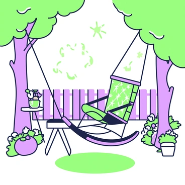 A hammock-style rocking chair is suspended between two sturdy trees in a sunny backyard. The chair features a woven fabric design and is gently swaying back and forth. Beneath it, a soft patch of grass is visible. Sunlight filters through the leaves of the trees, casting dappled shadows on the ground. Nearby, a small table holds a refreshing drink in a glass, and colorful flower pots are arranged along the edge of the yard. In the background, a wooden fence adds to the cozy atmosphere of the scene.