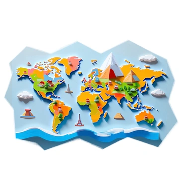 An interactive children's world map featuring distinct continents surrounded by vibrant oceans. The map includes raised pop-up elements such as colorful mountains with snowy peaks, lush green forests, and playful illustrations of various animals native to each region. Oceans are depicted with shades of blue, incorporating wave patterns, and there are whimsical ships sailing across the waters. Landmarks like the Eiffel Tower and pyramids are represented with three-dimensional features, inviting curiosity and exploration. The overall layout is designed to be visually engaging, with bright colors and cheerful imagery to captivate young learners.