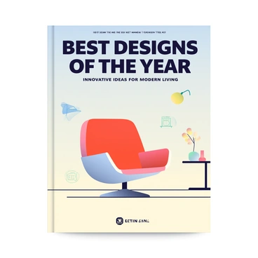 A magazine cover features an eye-catching illustration of a modern, sleek chair with a bright red cushion. The chair is placed in the center against a soft gradient background that transitions from light blue at the top to pale yellow at the bottom. Above the chair, the title "Best Designs of the Year" is prominently displayed in bold, black letters. Below the chair, there is a subtitle in smaller font that reads "Innovative Ideas for Modern Living." Surrounding the chair are subtle sketches of various design elements, such as a lamp, a vase, and a coffee table, arranged to enhance the composition without overpowering the central chair.