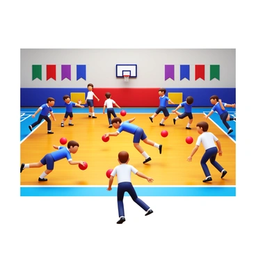 A dodgeball game in a gymnasium with students actively engaged. Several students are seen dodging, with some diving to the side to avoid bright red balls. Others are in mid-throw, their arms extended as they aim towards the opposing team. The gymnasium has colorful banners and a polished wooden floor, with a scoreboard visible in the background. Some students are wearing school uniforms, while others are in casual sportswear. The atmosphere is dynamic, reflecting the energy and enthusiasm of the game.