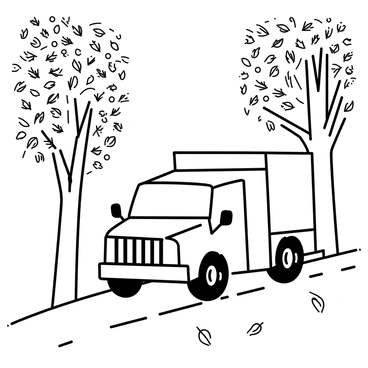 A moving truck is parked on a narrow road, surrounded by tall trees with detailed bark and a dense canopy. The trees are adorned with intricate patterns of autumn leaves, showcasing various shapes and sizes. Some leaves are falling gently to the ground, creating a textured carpet of leaves in shades of detail. In the background, the truck's features, such as its wheels and cargo area, are clearly defined, adding to the overall composition of the scene.