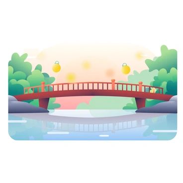 A bridge crossing a calm river, with lanterns lighting the path
