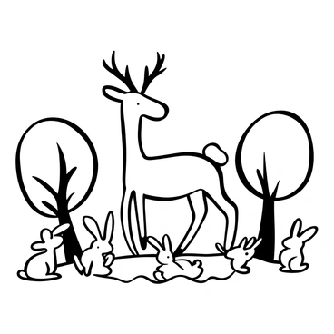 A deer standing gracefully on a patch of grass, surrounded by several rabbits hopping playfully nearby. The deer has elongated legs and a slender neck, with antlers that curve elegantly. The rabbits are depicted with large ears and round bodies, some are sitting while others are in mid-leap. Various trees with simple, flowing lines are positioned in the background, creating a sense of habitat. The entire scene is created in a continuous black line without breaks, emphasizing the monoline style. The composition conveys the interaction between the animals in their natural setting.