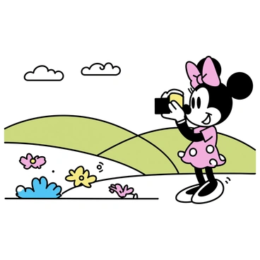 Minnie Mouse is standing on a grassy hill, holding a camera in her hands. She is wearing a polka-dot dress with a bow on her head. In front of her, a breathtaking view of rolling hills and vibrant flowers stretches across the landscape. The sky is clear with a few fluffy clouds. Her expression shows excitement as she prepares to capture the scenery. The camera is pointed towards the landscape, with her other hand adjusting the focus.
