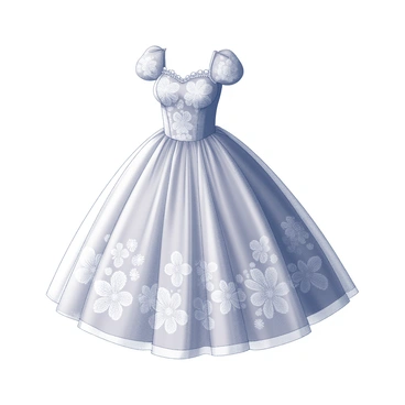 A tulle dress with a full, flowing skirt. The fabric features delicate lace accents that create intricate patterns throughout. Floral appliqués are artistically placed, adding texture and dimension to the dress. The bodice is fitted and showcases an elegant neckline. The sleeves are sheer and gently puffed, enhancing the ethereal quality of the dress. The overall silhouette is soft and romantic, evoking a whimsical and enchanting feel.