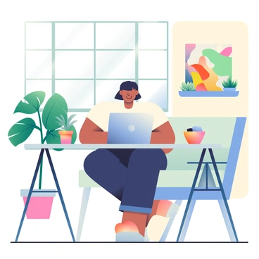 A motivated entrepreneur with medium skin and short black hair is sitting at a modern desk, working on a sleek laptop. She is wearing a fitted white blouse and dark jeans. The stylish home office features large windows that allow natural light to pour in, illuminating the space. Surrounding her are various green plants, including a tall fiddle leaf fig and smaller potted succulents on the shelves. The walls are painted in a soft beige, and there is a comfortable armchair in the corner of the room. A colorful abstract painting hangs above the desk, adding vibrancy to the scene.