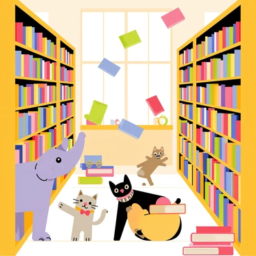 A colorful bookstore filled with towering wooden shelves, each packed with a variety of vibrant books. The scene features several whimsical characters, including a smiling elephant with glasses, a cheerful rabbit wearing a scarf, and a curious cat with a twitching tail, all browsing the shelves. Books are depicted as flying around the store, some gracefully floating in the air, while others are playfully stacked in mid-flight. Sunlight streams in through large windows, casting warm light on the cozy reading nooks scattered throughout the space.