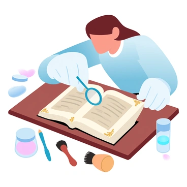 A book restorer examining the pages of an ancient manuscript with a loupe