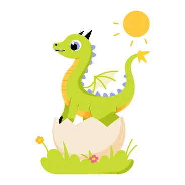 A small dragon with shimmering green scales is emerging from a cracked egg. The egg is nestled in a bed of soft, mossy grass with tiny flowers surrounding it. The dragon has large, bright blue eyes and tiny horns on its head. As it stretches its delicate wings for the first time, the wings are translucent with a hint of iridescence. The dragon stands on its hind legs, with the sun shining down, illuminating its scales and casting a warm glow around the scene.