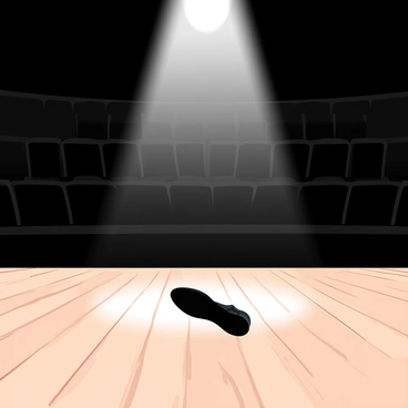 A tap dancer is positioned at the center of a wooden stage, performing a series of rhythmic taps with precision. The dancer is wearing shiny black tap shoes that reflect the soft light from above. Surrounding the stage is a dark, empty theater with rows of seats that fade into shadows. The wooden floor of the stage shows the natural grain and texture, enhancing the scene's depth. Above, a single spotlight illuminates the dancer, highlighting the movement and rhythm of the dance. 