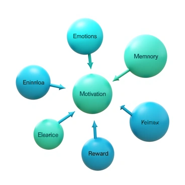 A mind map with interconnected bubbles. Each bubble represents a different function of the limbic system. The bubbles are labeled with terms such as "Emotions," "Memory," "Motivation," "Learning," and "Reward." The bubbles are connected with lines to show their relationships. The overall color scheme is a gradient of soft blues and greens. The style of the bubbles is sleek and modern, with subtle shadows for depth.